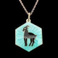 A hexagonal Capricorn star sign pendant with enamel, on a chain