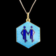 Load image into Gallery viewer, A hexagonal Gemini star sign pendant in blue enamel, with a chain
