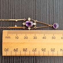 Load image into Gallery viewer, Antique 9ct Gold Amethyst &amp; Pearl Necklace next to ruler

