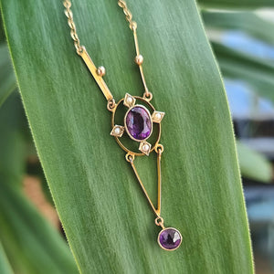 Antique 9ct Gold Amethyst & Pearl Necklace on leaf
