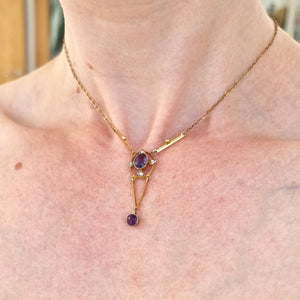 Antique 9ct Gold Amethyst & Pearl Necklace modelled