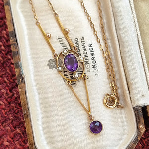 Antique 9ct Gold Amethyst & Pearl Necklace in box