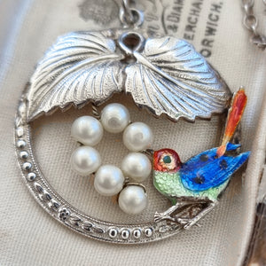 Vintage Sterling Silver Enamel Bird Necklace by Ward Brothers close-up