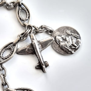 Antique & Vintage Silver Charm Necklace aeroplane and religious scene