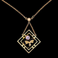 Antique 9ct Yellow Gold Amethyst Pendant Drop Necklace, Circa 1910