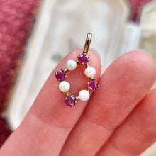 Load image into Gallery viewer, Vintage 9ct Gold Ruby and Pearl Pendant in hand
