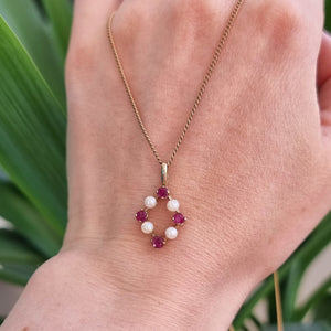 Vintage 9ct Gold Ruby and Pearl Pendant with chain