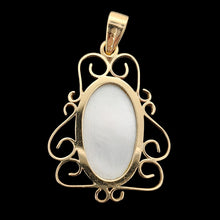Load image into Gallery viewer, An oval yellow gold and mother of pearl pendant, on a black background
