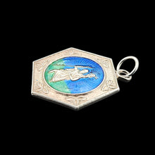 Load image into Gallery viewer, A hexagonal silver Saint Christopher pendant with blue and green enamel
