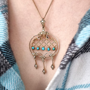 Antique 9ct Gold Turquoise and Seed Pearl Drop Pendant modelled with chain