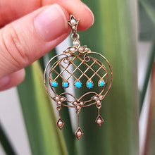 Load image into Gallery viewer, Antique 9ct Gold Turquoise and Seed Pearl Drop Pendant in hand
