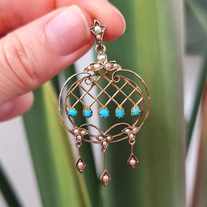 Antique 9ct Gold Turquoise and Seed Pearl Drop Pendant in hand