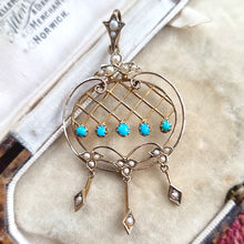 Load image into Gallery viewer, Antique 9ct Gold Turquoise and Seed Pearl Drop Pendant in box, front
