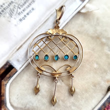 Load image into Gallery viewer, Antique 9ct Gold Turquoise and Seed Pearl Drop Pendant in box, back
