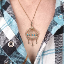 Load image into Gallery viewer, Antique 9ct Gold Turquoise and Seed Pearl Drop Pendant modelled with chain
