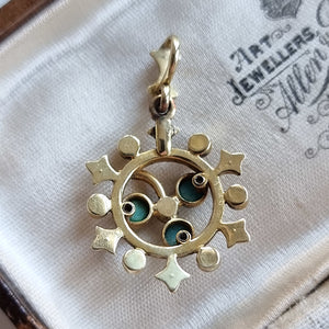 Victorian 15ct Gold Turquoise, Seed Pearl and Enamel Pendant back, in box