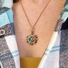 Load image into Gallery viewer, Victorian 15ct Gold Turquoise, Seed Pearl and Enamel Pendant modelled with chain
