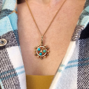 Victorian 15ct Gold Turquoise, Seed Pearl and Enamel Pendant modelled with chain