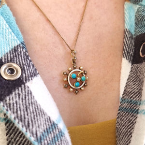 Victorian 15ct Gold Turquoise, Seed Pearl and Enamel Pendant modelled with chain