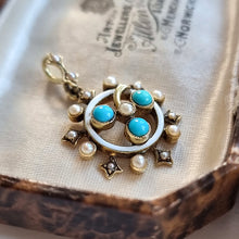 Load image into Gallery viewer, Victorian 15ct Gold Turquoise, Seed Pearl and Enamel Pendant in box
