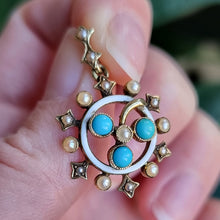 Load image into Gallery viewer, Victorian 15ct Gold Turquoise, Seed Pearl and Enamel Pendant in hand
