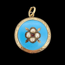 Load image into Gallery viewer, Victorian 9ct Gold Enamel, Pearl and Garnet Glazed Back Pendant on a black background
