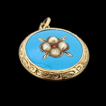 Load image into Gallery viewer, Victorian 9ct Gold Enamel, Pearl and Garnet Glazed Back Pendant side view, on a black background
