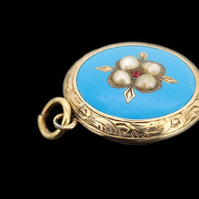 Load image into Gallery viewer, Victorian 9ct Gold Enamel, Pearl and Garnet Glazed Back Pendant close-up of the jump ring, on a black background
