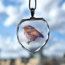 Load image into Gallery viewer, Sterling Silver Glass Robin Pendant with Box Chain backlit
