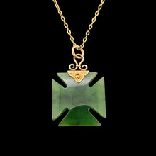 Load image into Gallery viewer, Victorian 9ct Gold Nephrite Jade Cross Pattée Pendant with a gold chain, on a black background
