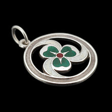 Load image into Gallery viewer, A silver enamel clover triskelion pendant, on a black background
