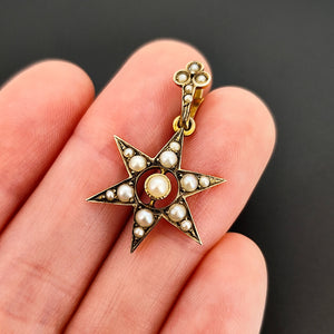 Victorian 9ct Yellow Gold Pearl Star Pendant in hand