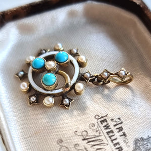 Victorian 15ct Gold Turquoise, Seed Pearl and Enamel Pendant side, in box