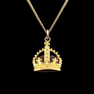 Antique/Vintage 9ct Yellow Gold Enamel Crown Pendant with chain