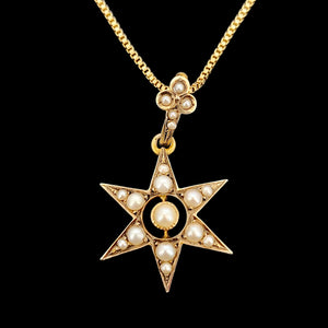 Victorian 9ct Yellow Gold Pearl Star Pendant with chain