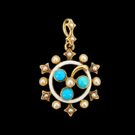Victorian 15ct Yellow Gold Turquoise, Seed Pearl and Enamel Clover Pendant
