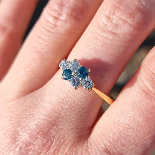 Vintage 18ct Gold Blue Zircon and Diamond Ring | Hallmarked 1970 modelled