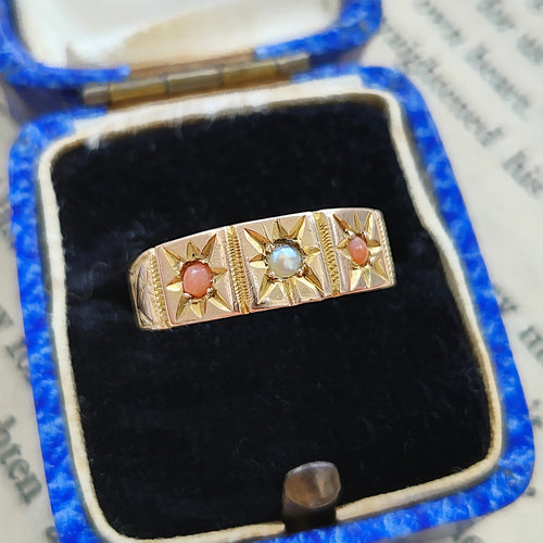 Victorian 9ct Gold Coral & Pearl Band | Hallmarked Birmingham 1876 in box