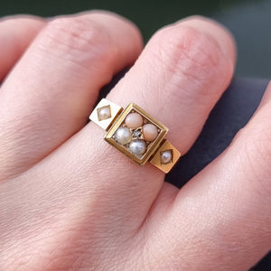Victorian 18ct Gold Diamond, Coral and Pearl Ring modelled