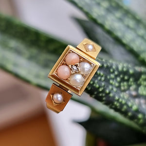 Victorian 18ct Gold Diamond, Coral and Pearl Ring front