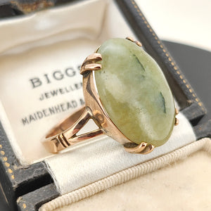 Vintage 9ct Rose Gold Nephrite Jade Statement Ring shown from the side, sitting in a vintage ring box