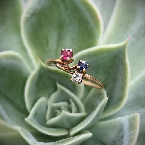 Antique 15ct Gold Ruby, Sapphire and Diamond Three Stone Ring in plant