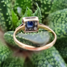 Load image into Gallery viewer, Vintage 18ct Gold Sapphire and Diamond Square Cluster Ring from behind
