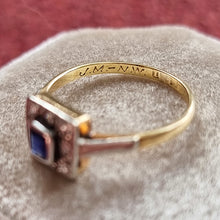 Load image into Gallery viewer, Vintage 18ct Gold Sapphire and Diamond Square Cluster Ring inscription
