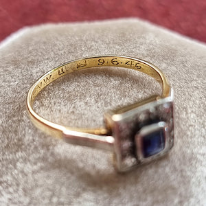Vintage 18ct Gold Sapphire and Diamond Square Cluster Ring inscription