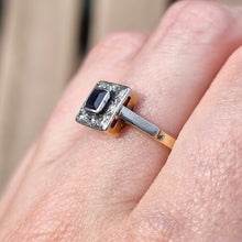 Load image into Gallery viewer, Vintage 18ct Gold Sapphire and Diamond Square Cluster Ring modelled
