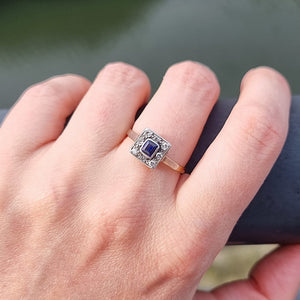Vintage 18ct Gold Sapphire and Diamond Square Cluster Ring modelled