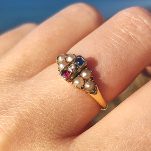 Edwardian 18ct Yellow Gold Ruby, Sapphire, Diamond and Pearl Ring