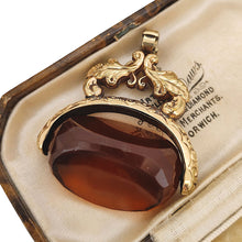 Load image into Gallery viewer, Large Antique 9ct Gold Cased Orange Glass Spinner Fob in box
