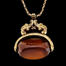 Load image into Gallery viewer, Large Antique 9ct Gold Cased Orange Glass Spinner Fob with chain
